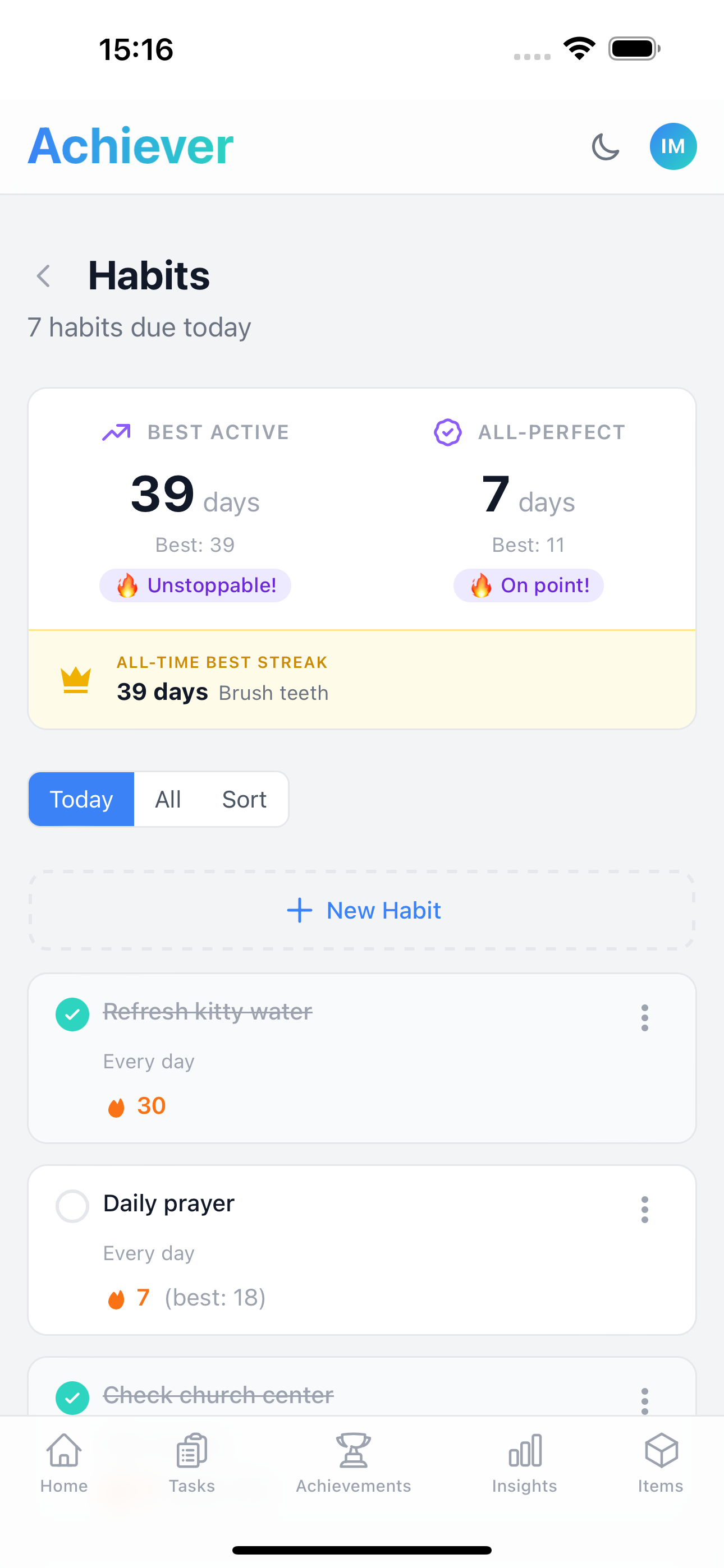 Habits page