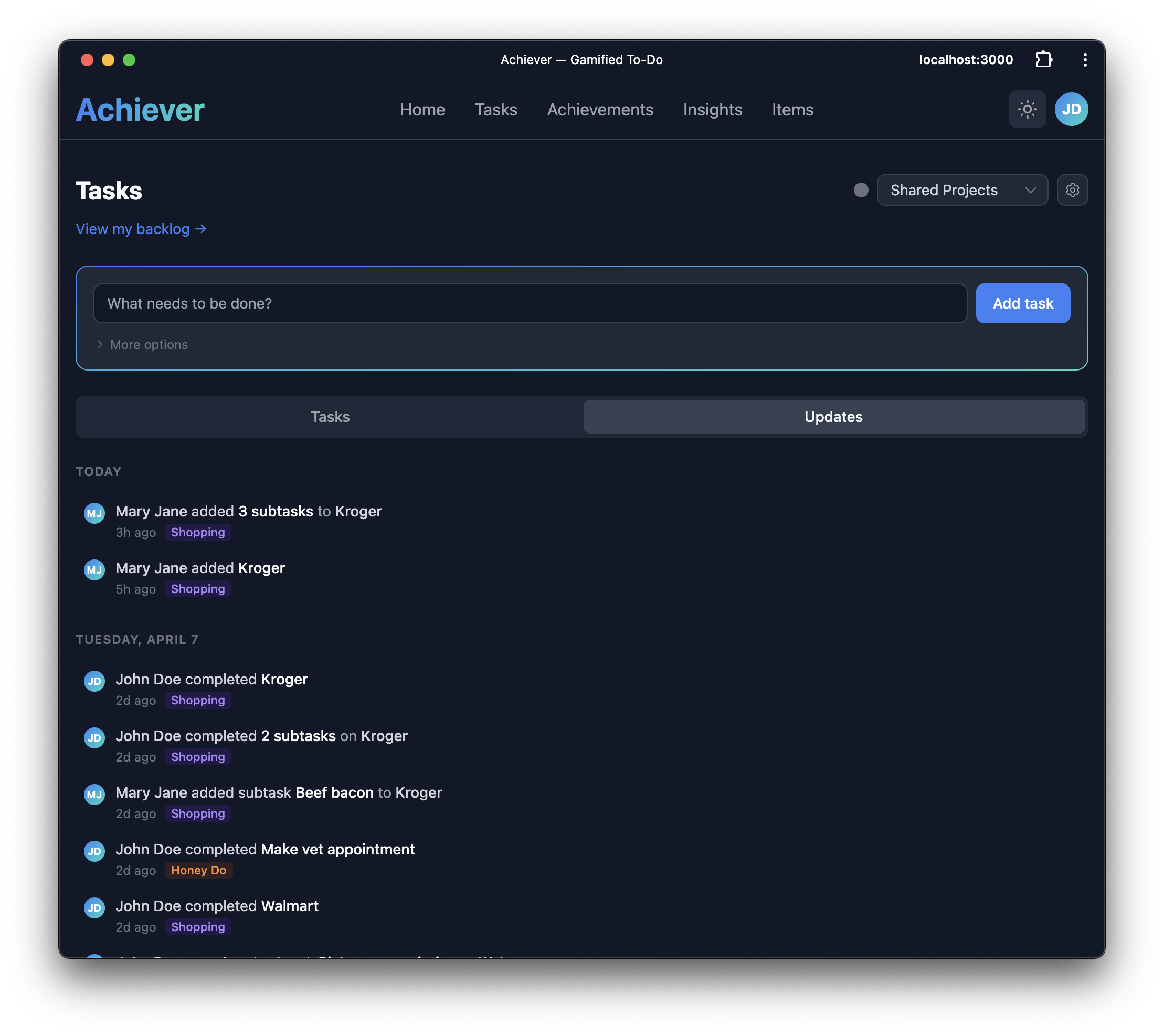 Shared project updates