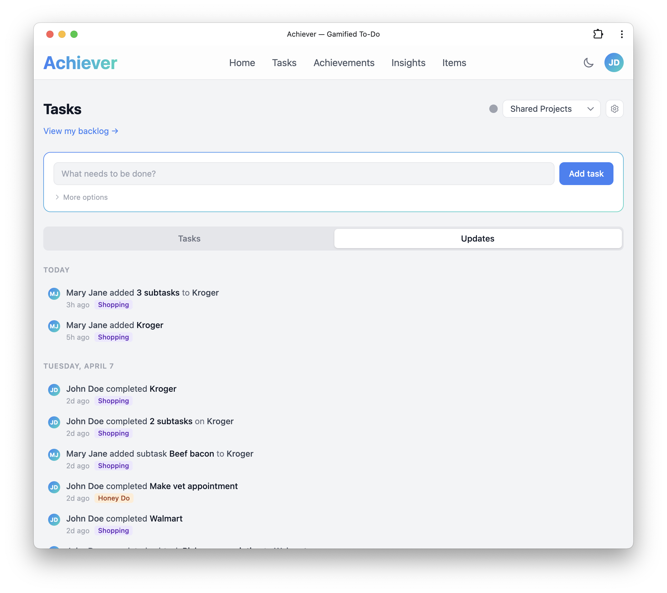 Shared project updates