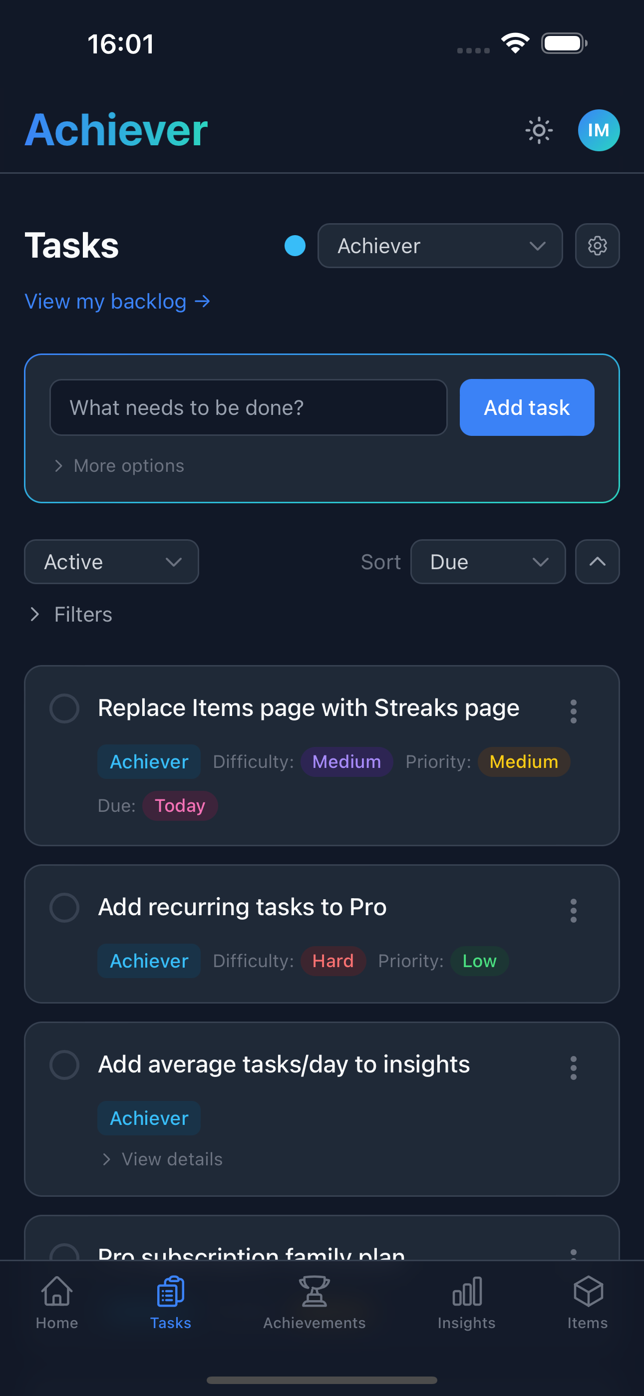 Tasks page