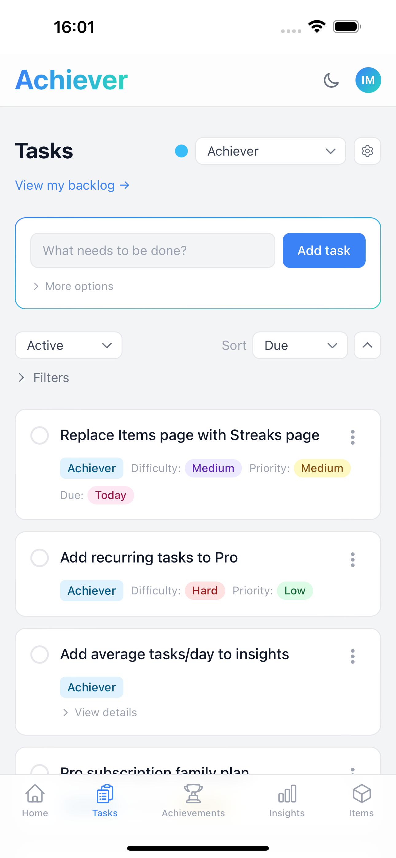 Tasks page